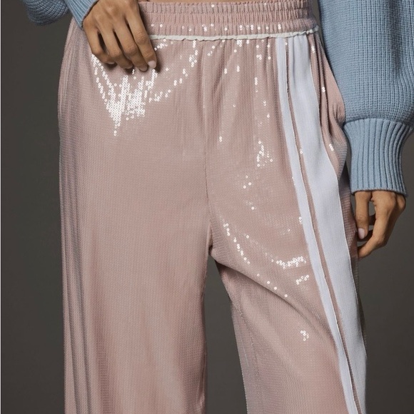 NWT Anthropologie Maeve Blush Sequin Joggers with White Stripe M - Picture 2 of 13